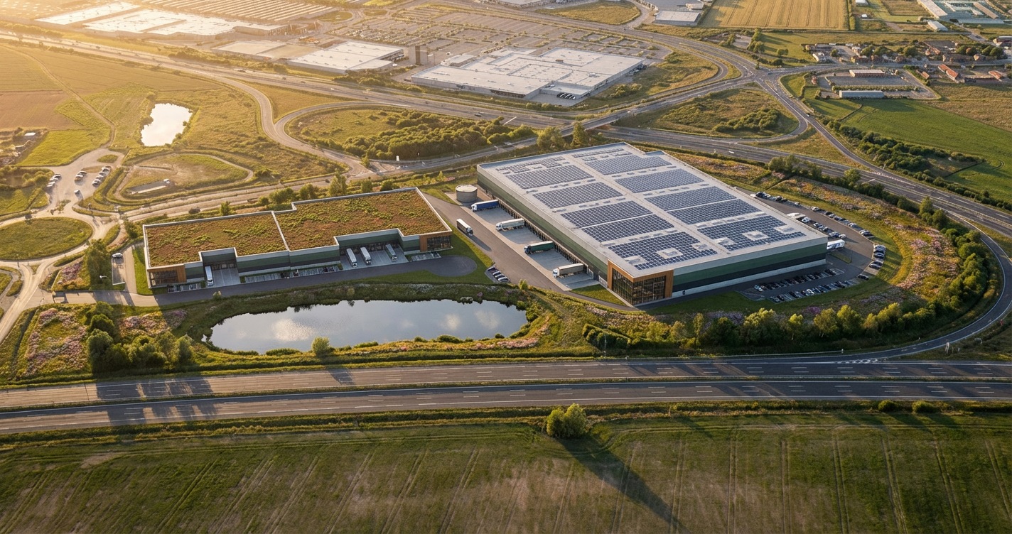 Aerial view of Berlin Airport Park A113 at Waltersdorfer Allee in Schönefeld, showing the Big Box and Business Park buildings