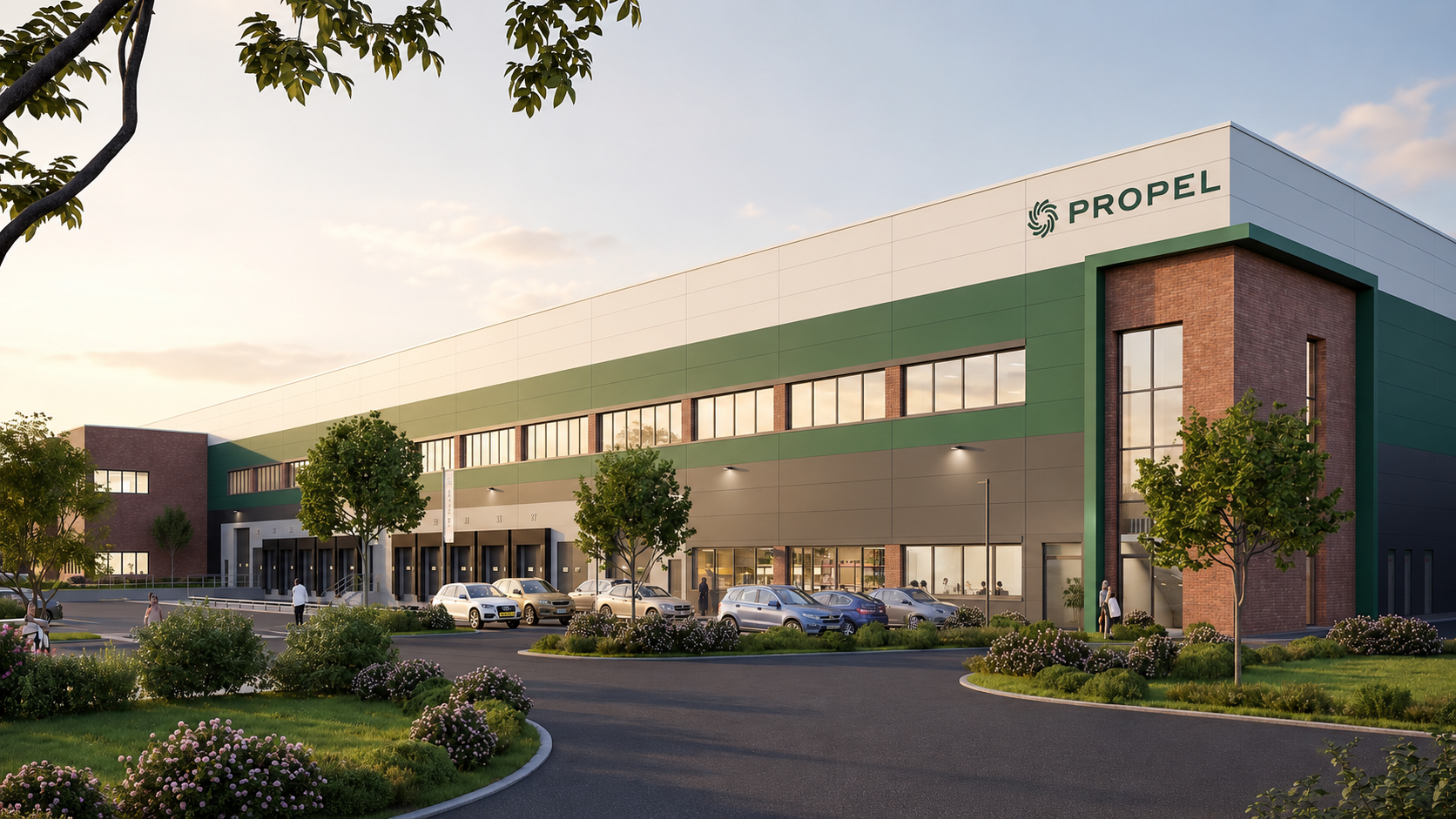 Frontal view of Business Park Hamburg A1 in Stapelfeld, showing the office entrance, loading docks and landscaped forecourt