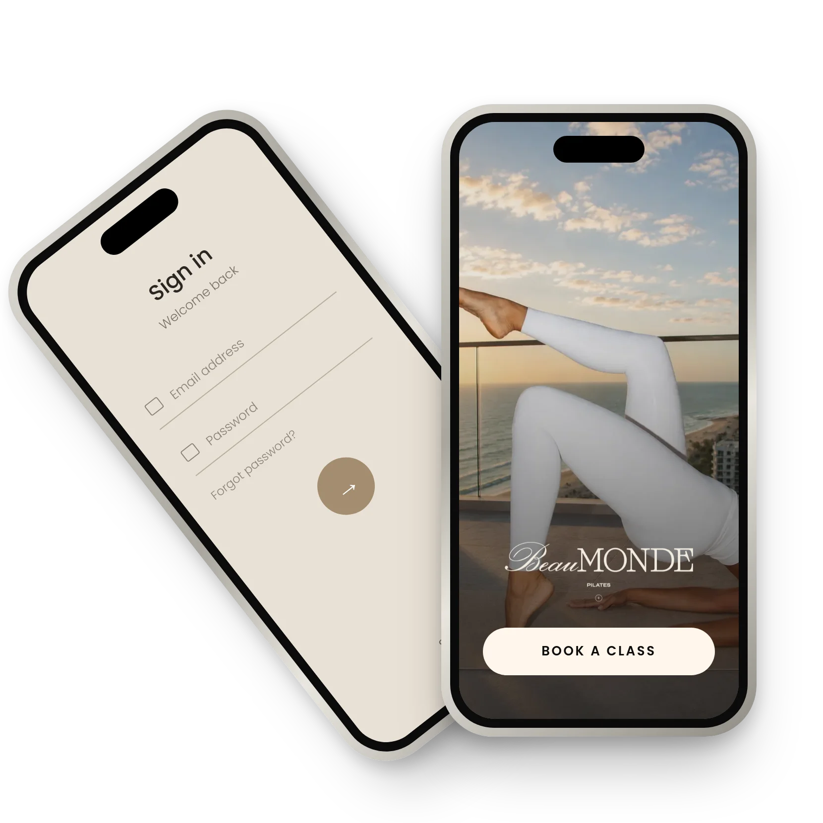 Beau Monde Pilates app on two phones: the sign-in screen and the home screen with the Beau Monde logo