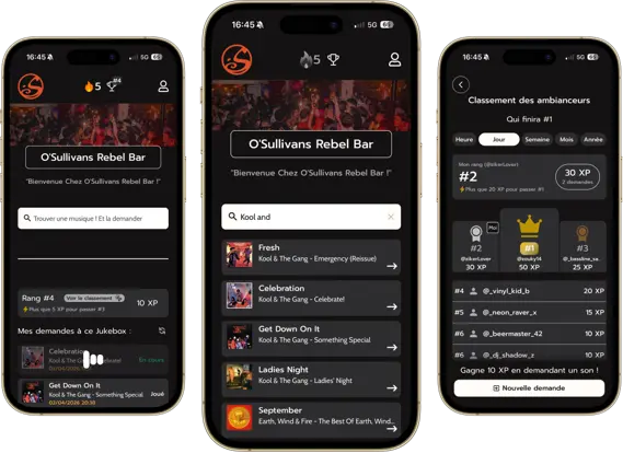 Pages de l’application ZIKER, affichage client : suivi de la position de la demande, classement des utilisateurs et recherche de musique.