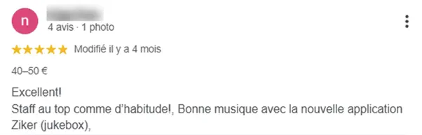 Capture d'écran d'un avis Google 5 étoiles laissé par un client après une soirée jukebox ZIKER