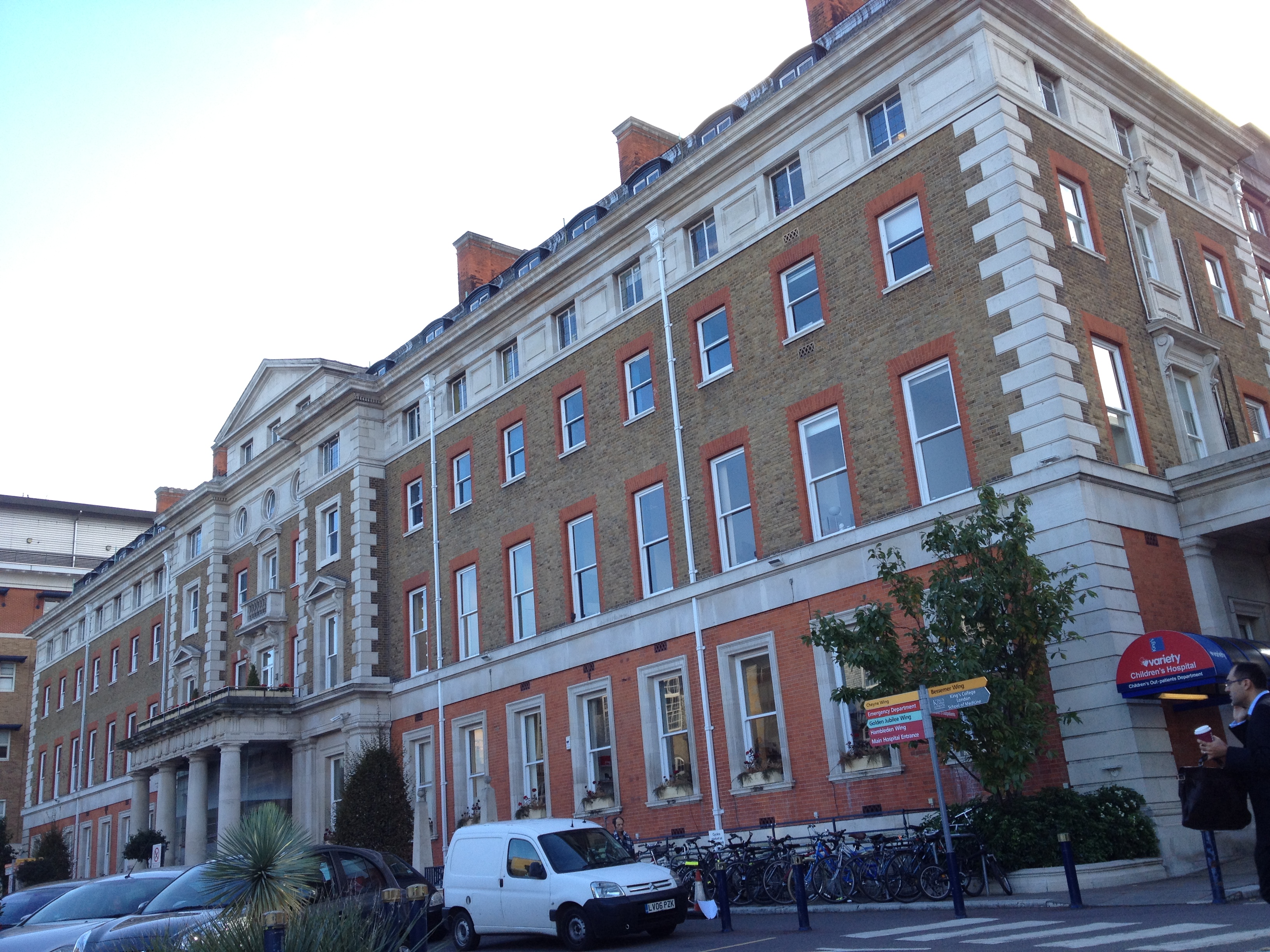 King's College Hospital red-brick exterior and white window surrounds, London