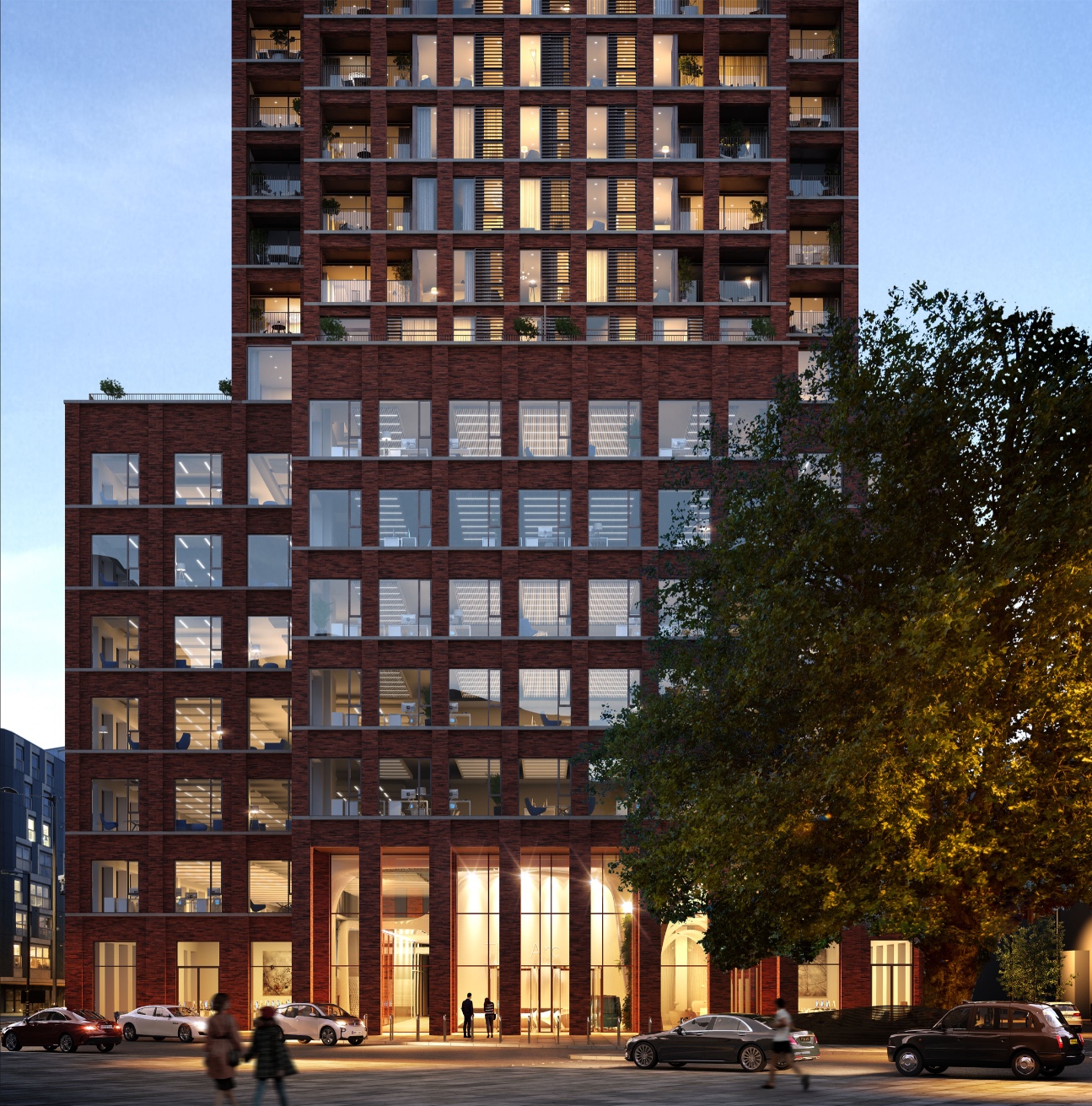 The Arc red-brick apartment building entrance visual, London