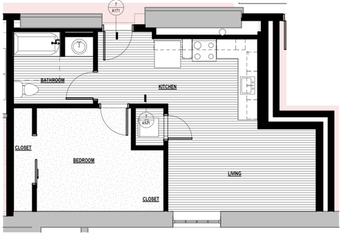 Layout of Unit 1B one bedroom jr apartment
