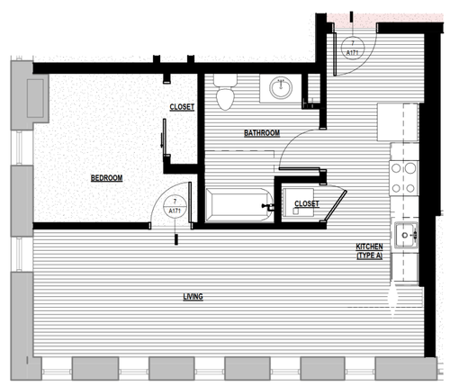 Layout of Unit 1C one bedroom jr apartment