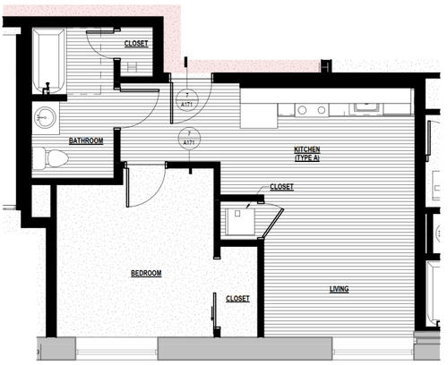 Layout of Unit 1D one bedroom jr apartment