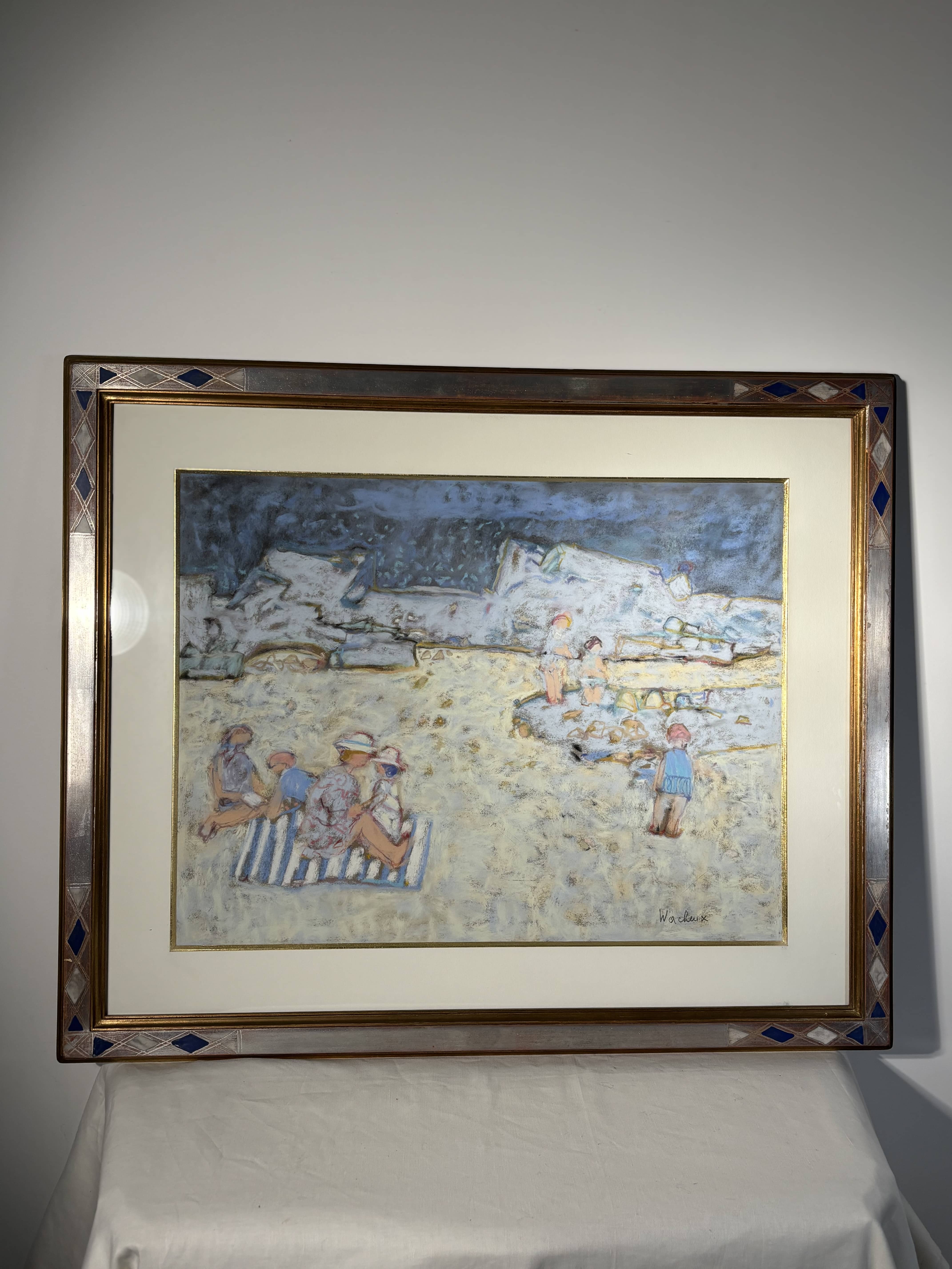 Yves Wacheux (1933-2023), La plage bleue, Technique mixte sur papier, signée, XXe siècle