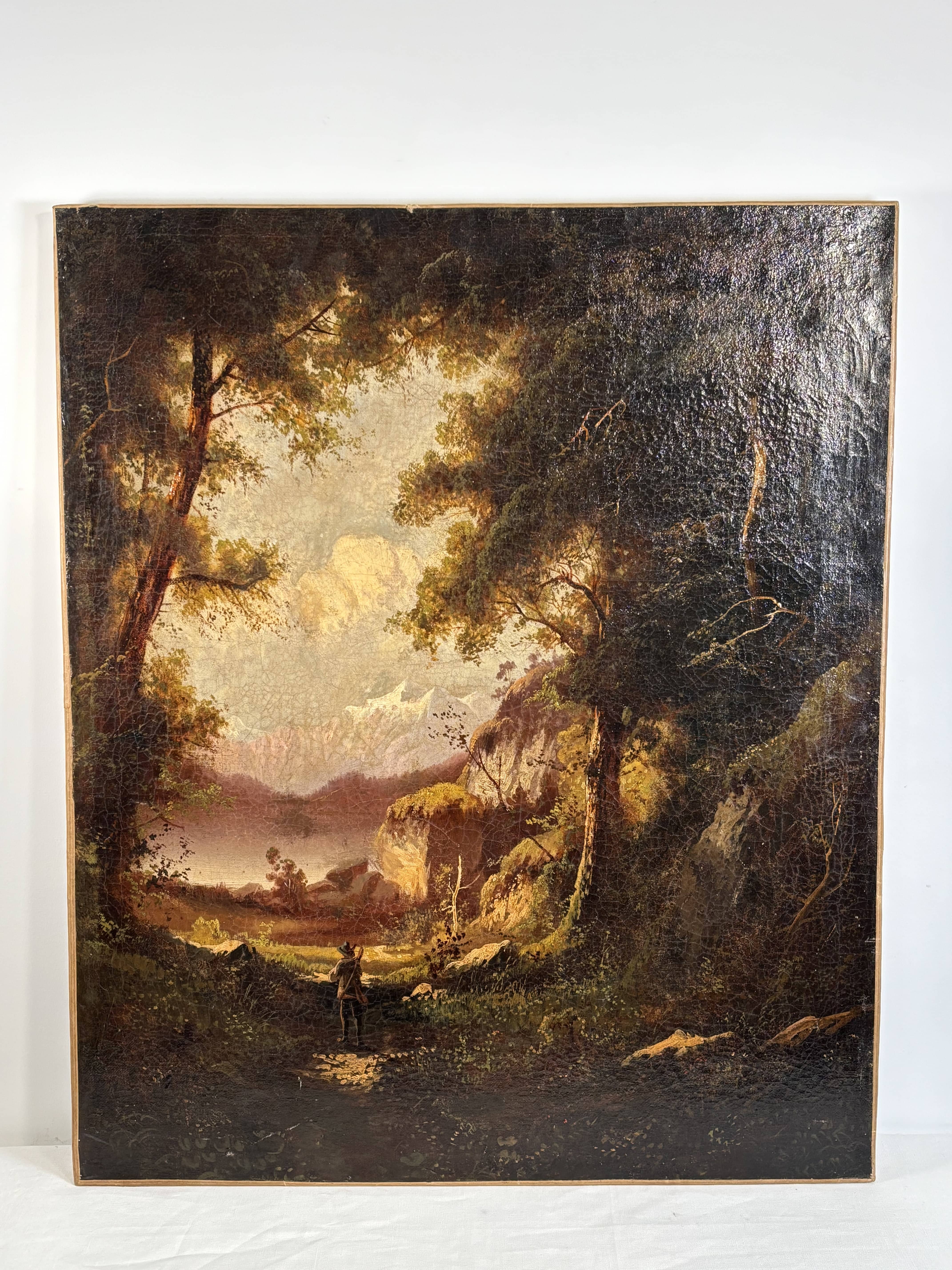 Ecole probablement Allemande, Huile sur toile, paysage romantique avec voyageur, vers 1890-1910