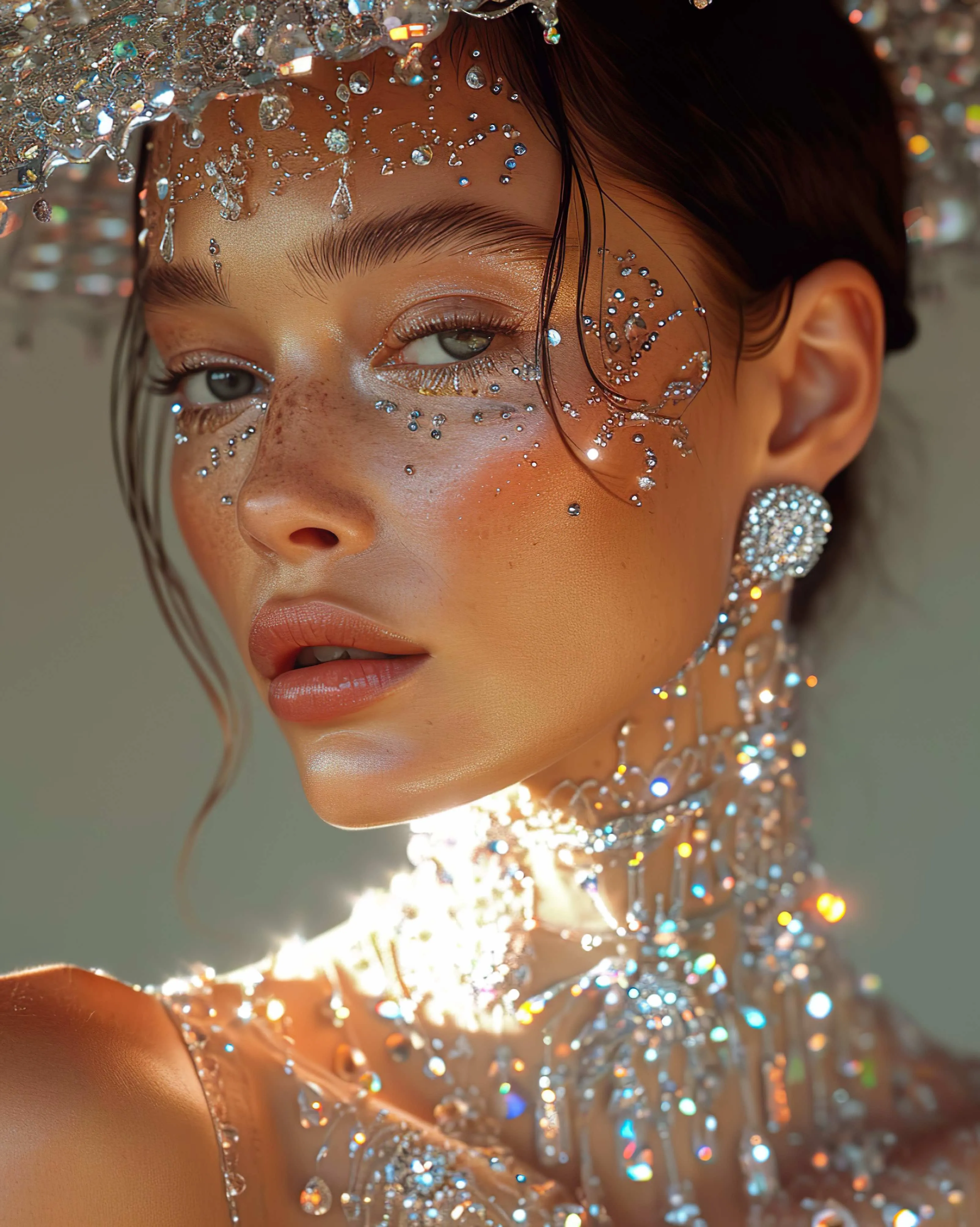 a woman in a silver dress with a headpiece on her head