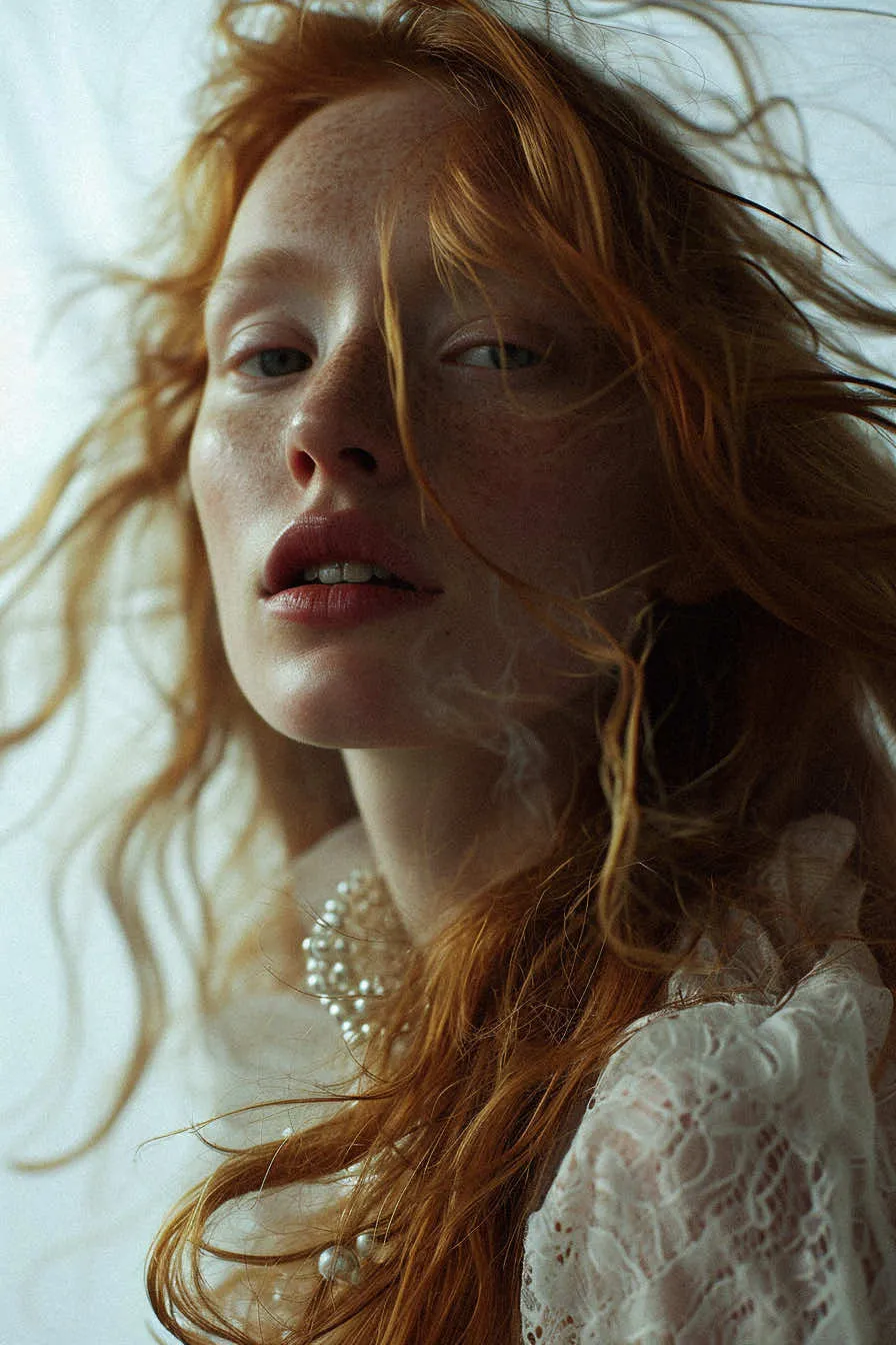 a woman with red hair and a pearl necklace