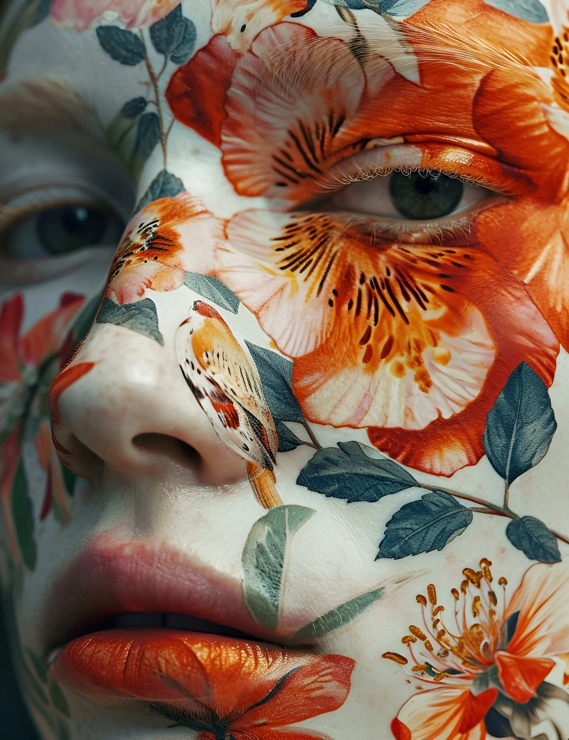a woman with a painted face and flowers on her face