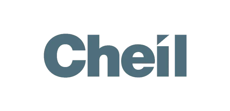 Cheil logo in bold blue lettering on a black background.