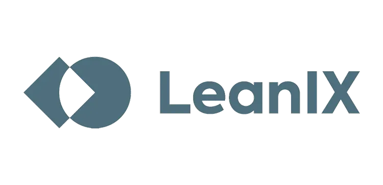 LeanIX logo featuring a geometric blue symbol and company name text on a black background.