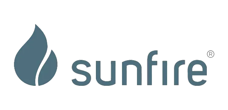 Sunfire logo with a blue flame icon and company name in lowercase text on a black background.