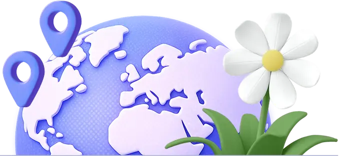 3D illustration of a globe with two location pins and a white flower with green leaves beside it