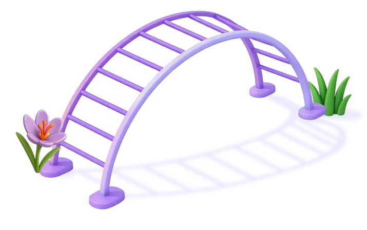 3D illustration of a small purple arched bridge with a flower and green plants on either side.
