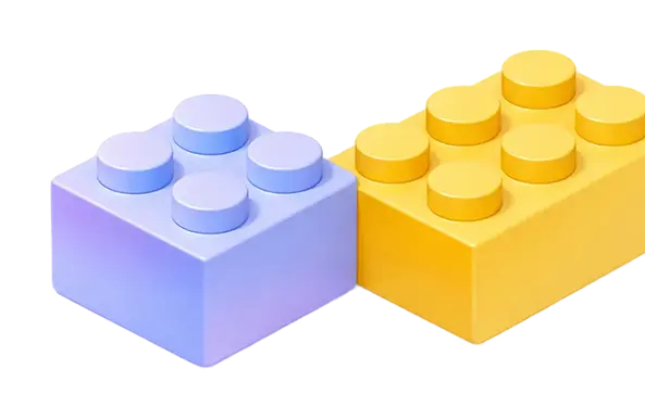 Two interlocking toy building blocks, one blue and one yellow, on a soft gradient background.