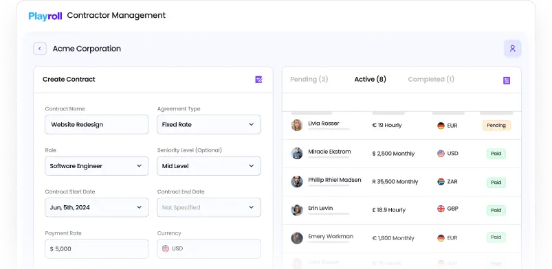 dashboard of playroll's contractor management software