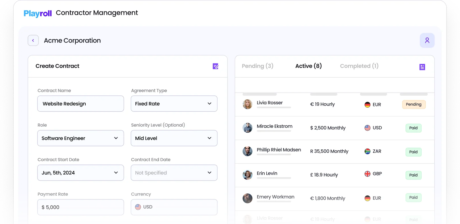 dashboard of playroll's contractor management software