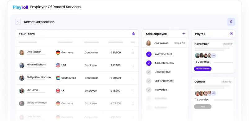 dashboard of playroll's employer of record services