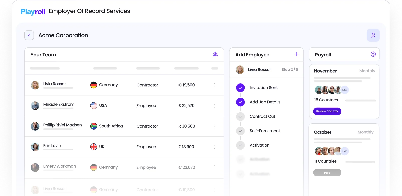 dashboard of playroll's employer of record services