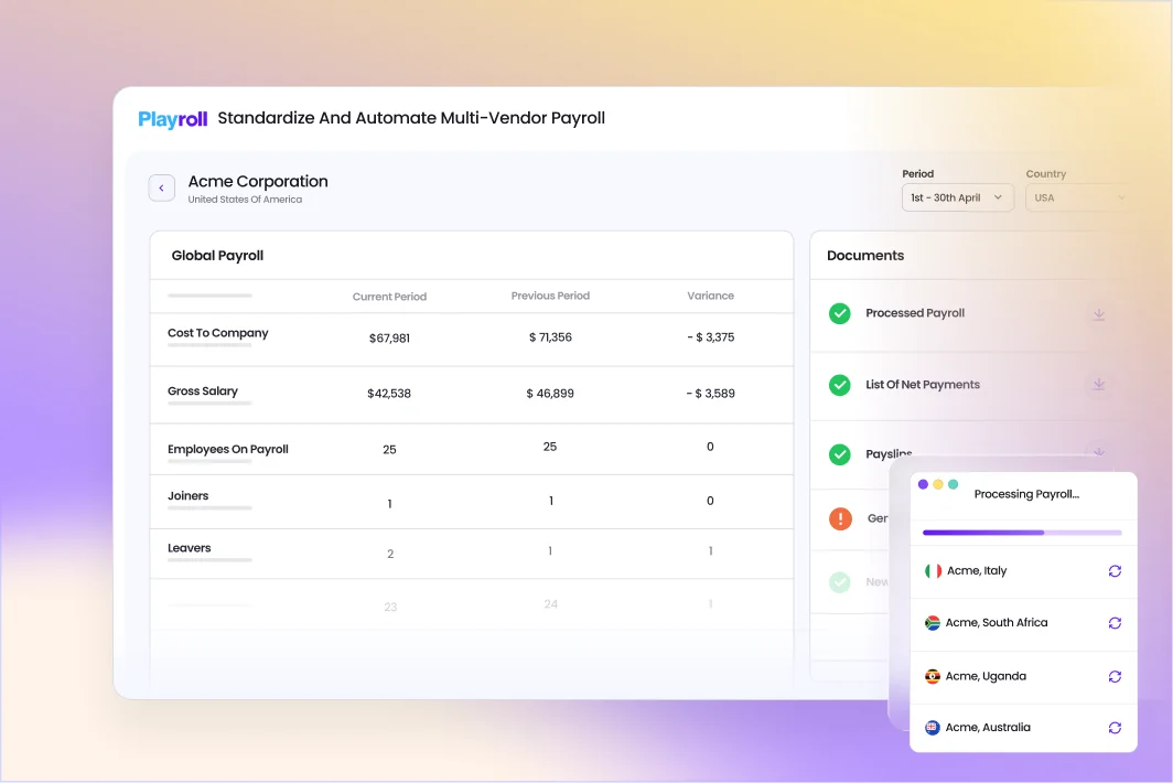 Multi-vendor payroll management dashboard for automated payroll