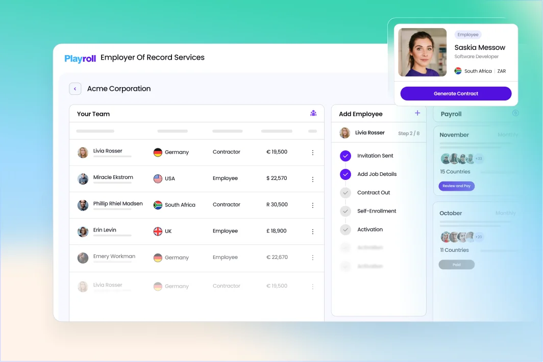 Global EOR dashboard managing team, onboarding, and payroll