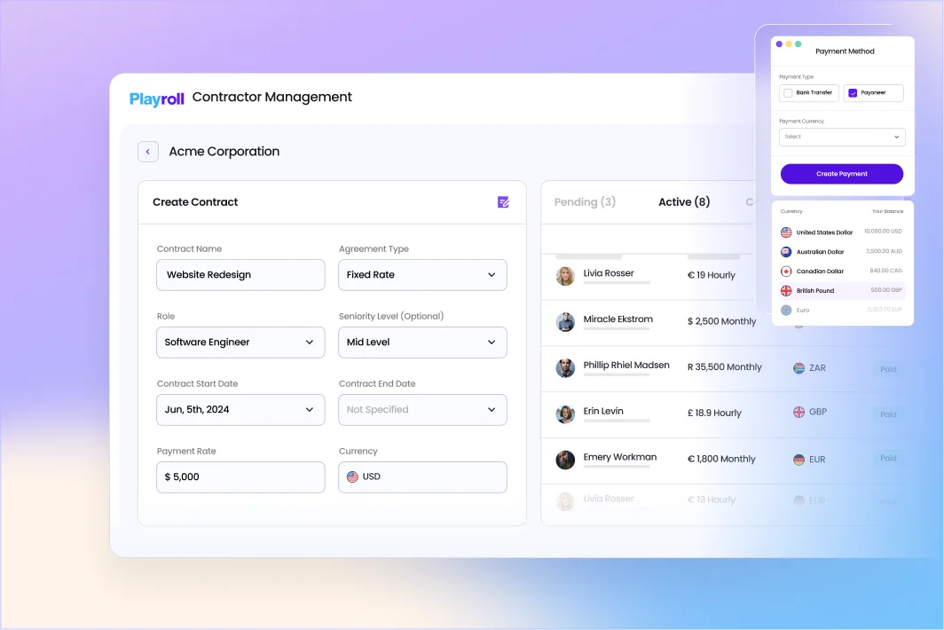 Global contractor management dashboard for contracts and payments