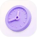 Purple 3D clock showing time 10:10 on a light purple rounded square background.