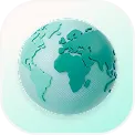 3D globe showing continents with a teal color on a white rounded square background.
