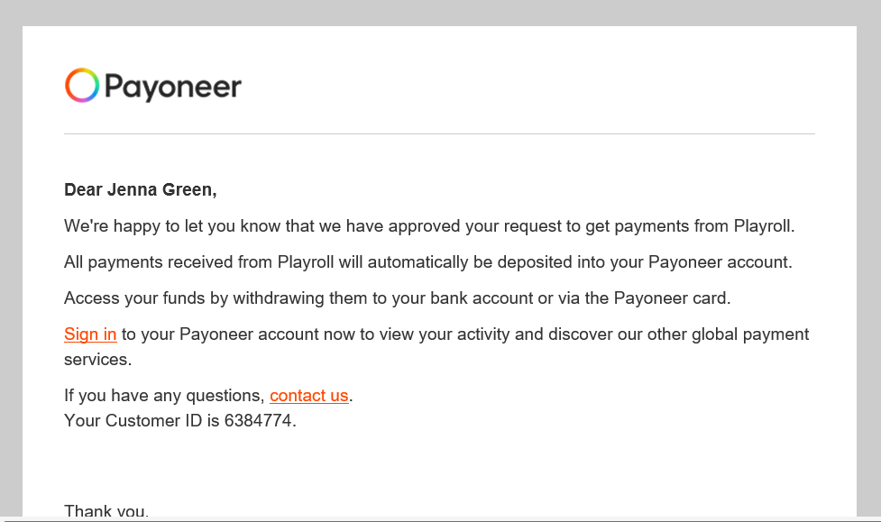 Payoneer authentication mail 