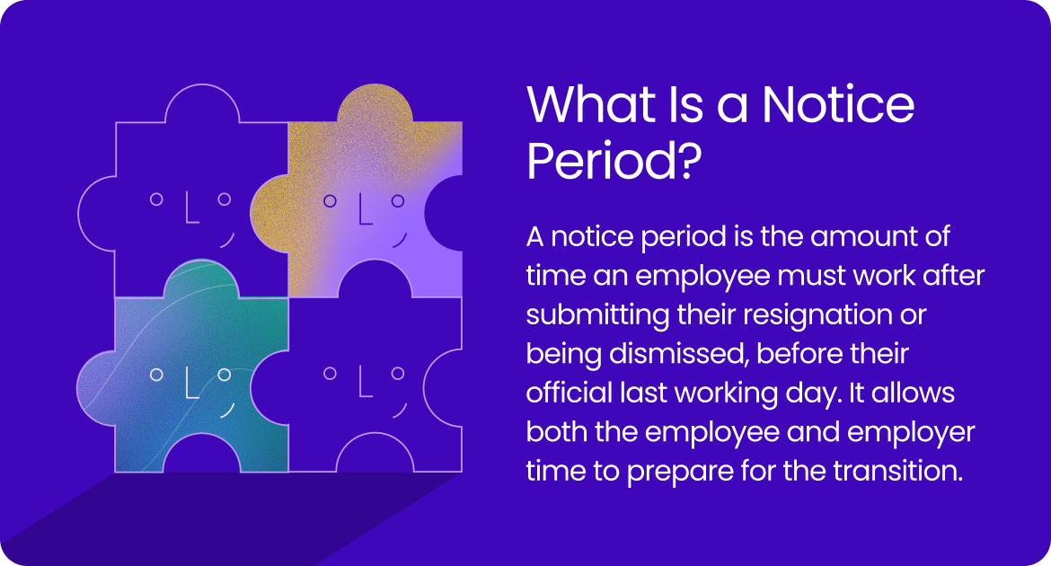 A notice period is the amount of time an employee must work after submitting their resignation or being dismissed.
