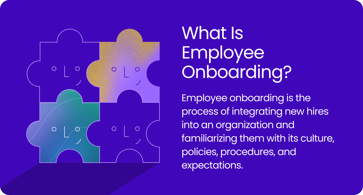 Graphic explaining employee onboarding as integrating new hires into company culture, policies, and expectations.