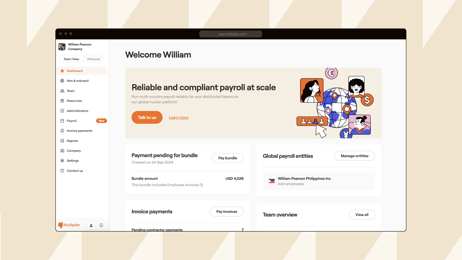 Graphic showing Multiplier's payroll dashboard