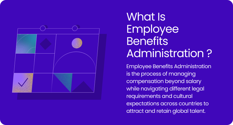 Graphic explaining Employee Benefits Administration as the process of managing compensation beyond salary while navigating different legal requirements and cultural expectations across countries.