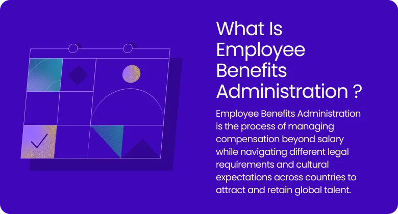 Graphic explaining Employee Benefits Administration as the process of managing compensation beyond salary while navigating different legal requirements and cultural expectations across countries.