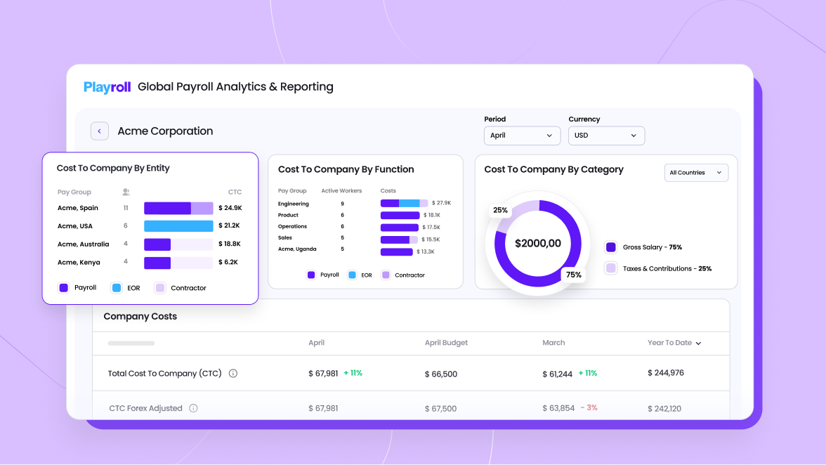 Graphic showing Playroll's payroll analytics dashboard view.