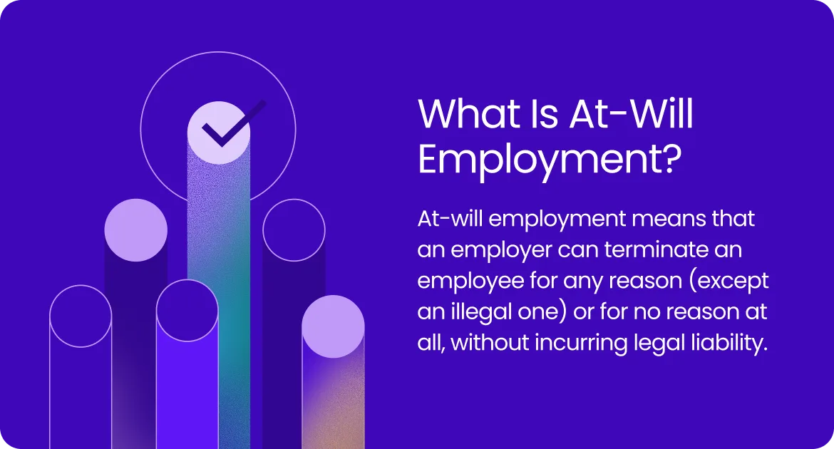 Graphic explaining at-will employment as allowing employers to terminate staff for any legal reason.