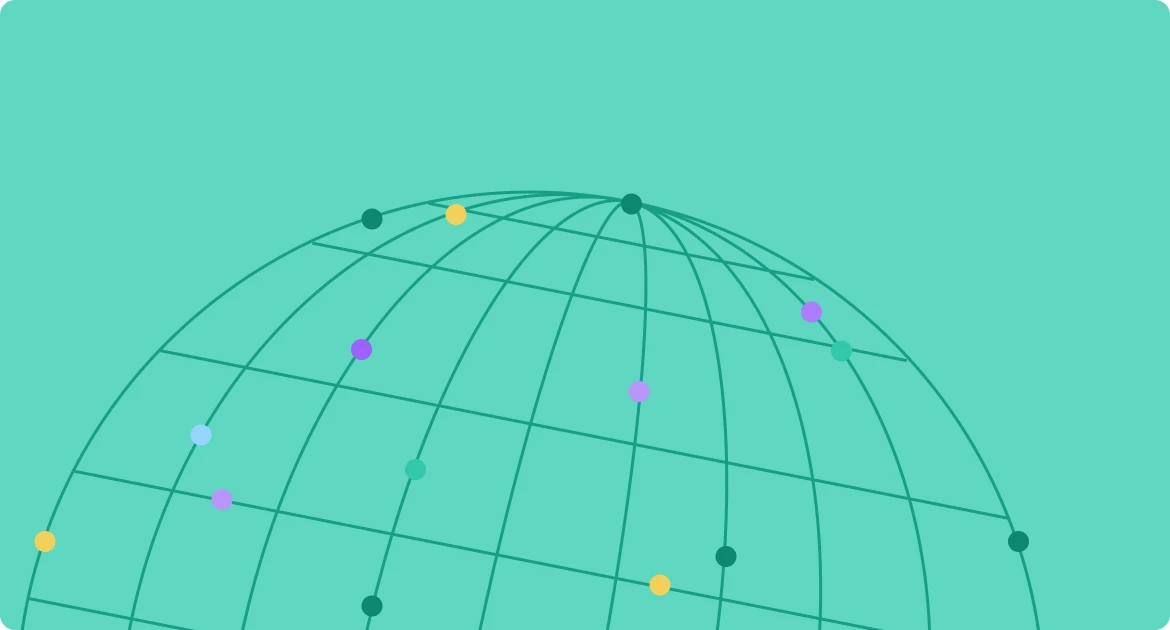 Grafik, die eine abstrakte Illustration eines Globus mit farbigen Verbindungspunkten zeigt, die internationale Einstellung und globale Erweiterung der Belegschaft darstellt.