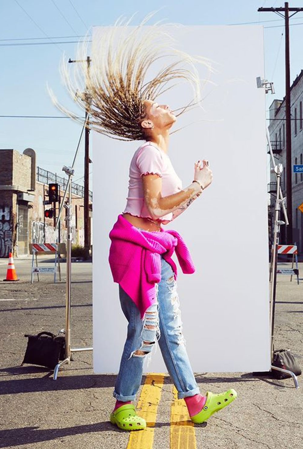 Woman whipping her hair back