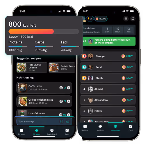 meal and leaderboard screens from trainmate