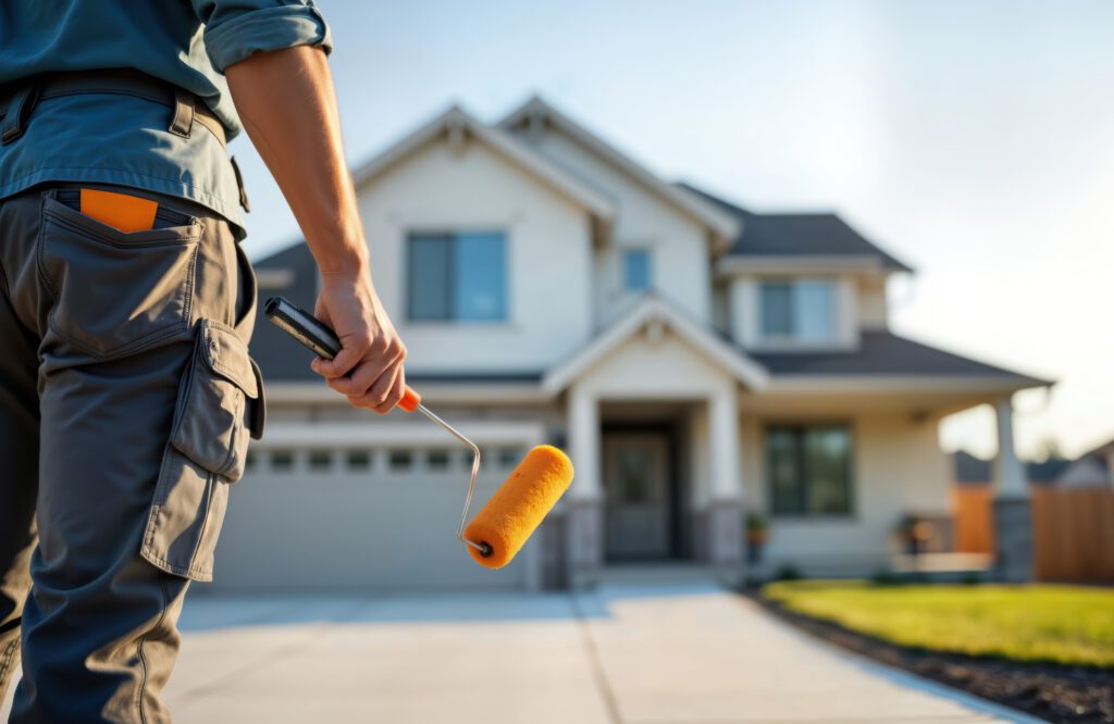 Man holding paint push with house in background