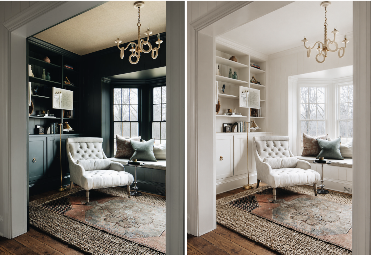 Living room with light colored walls one with dark colored walls
