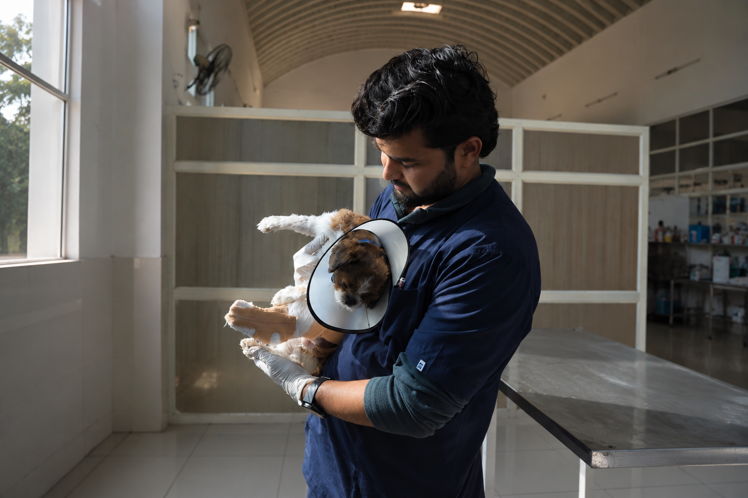 a vet cuddling a puppy