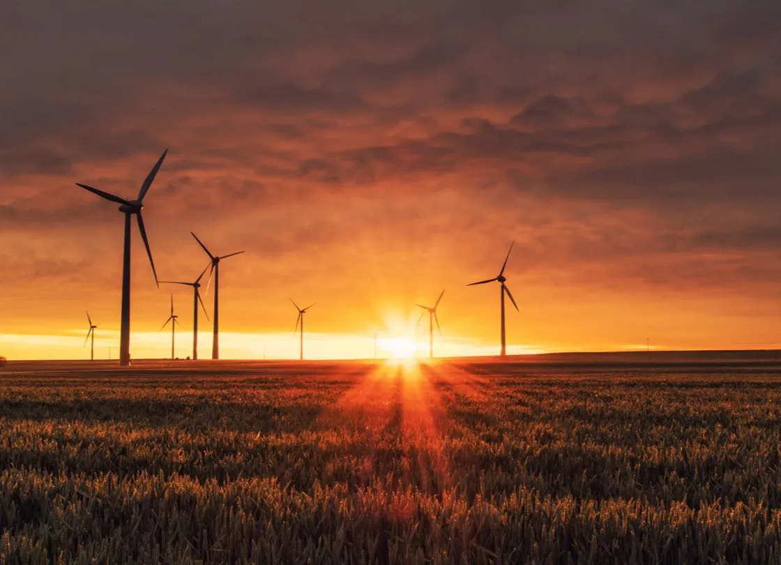 wind turbines at sunset