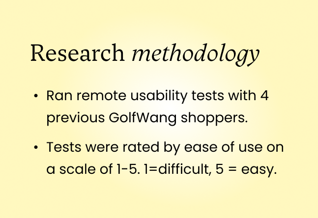 Slide titled Research methodology listing two points: Ran remote usability tests with 4 previous GolfWang shoppers, and tests rated by ease of use on a scale of 1 to 5.