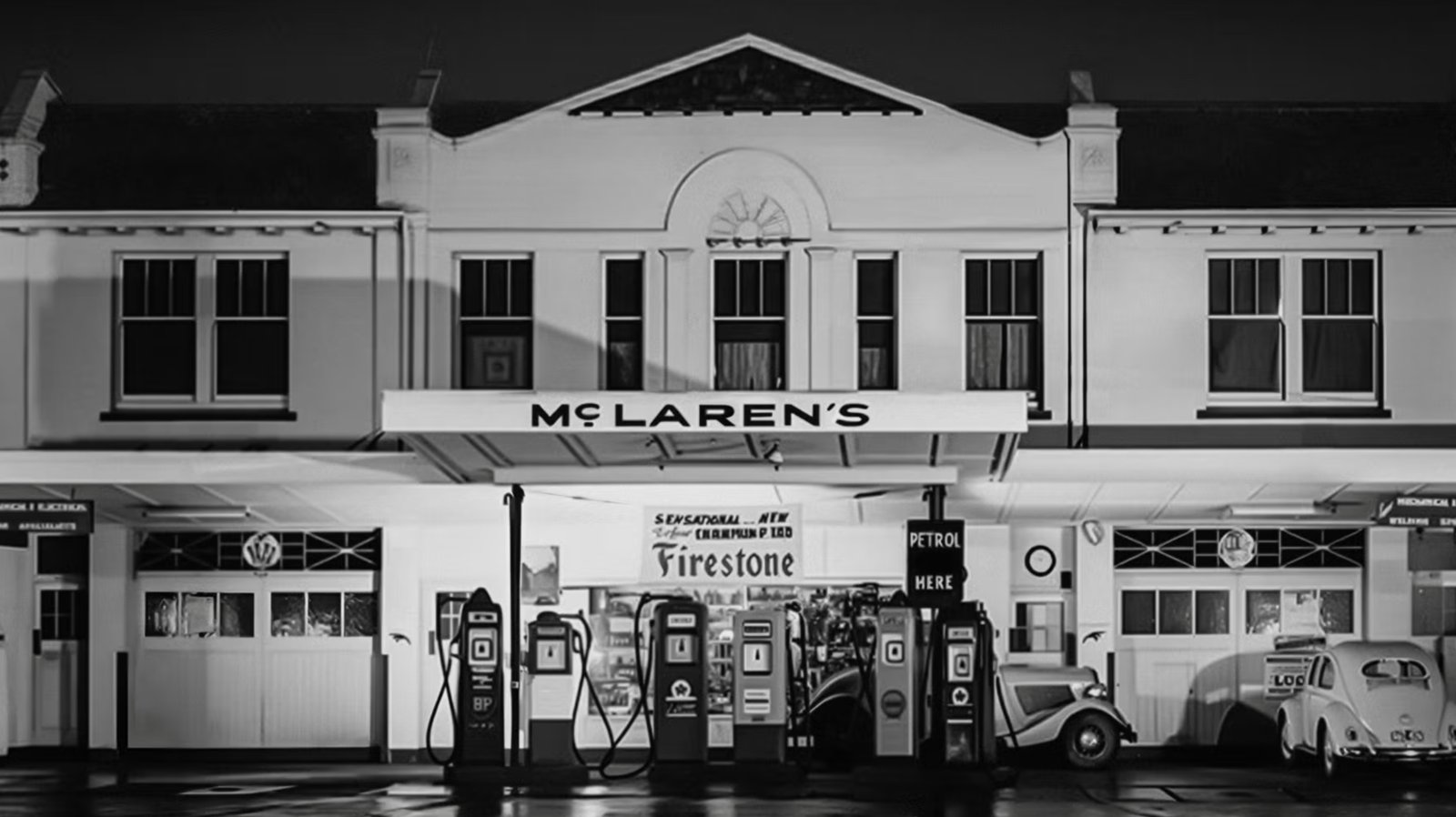 The McLaren family service station in Auckland with its McLaren's sign