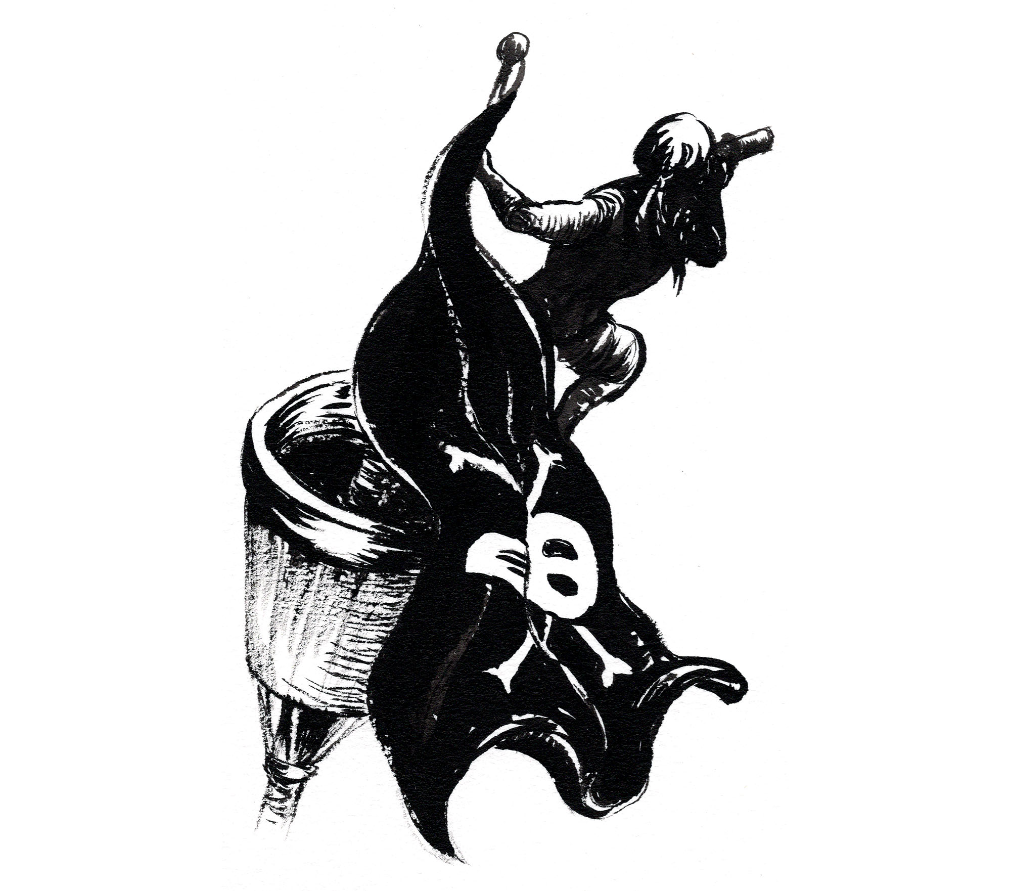 Black and white illustration of a small figure holding a telescope, standing on a flag with a skull and crossbones design attached to a pole.