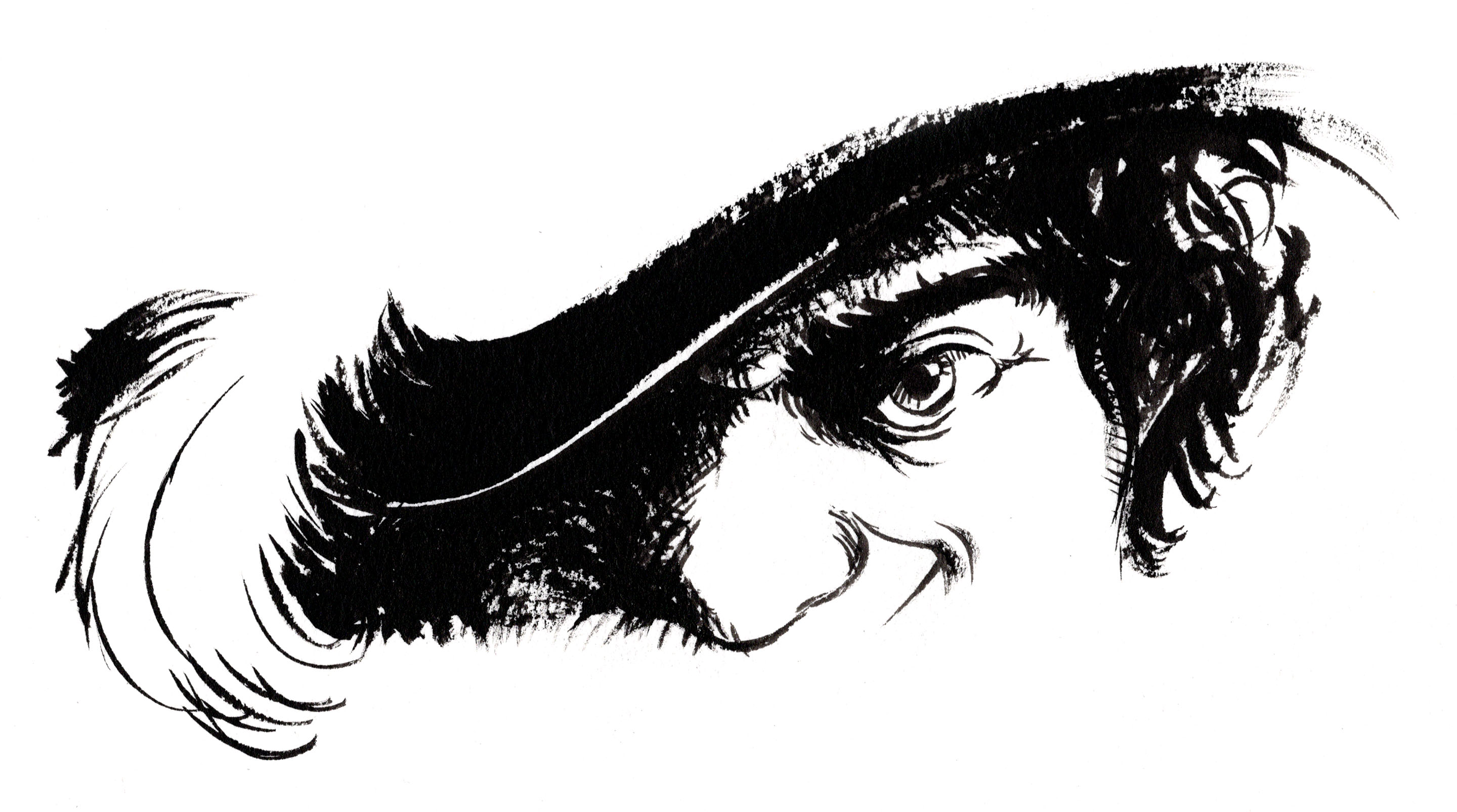 Black ink sketch of a person's face partially obscured by a wide-brimmed hat with expressive eyes and curly hair.