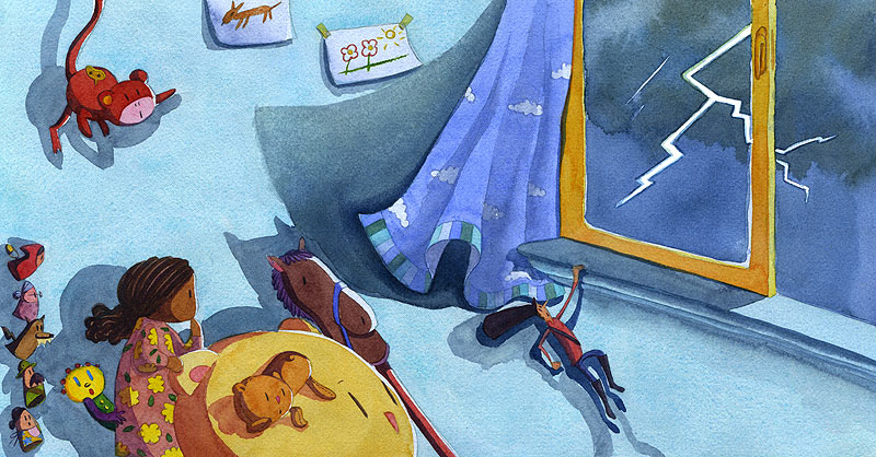 Illustration of children and toys inside a room watching a lightning strike through a cracked window.